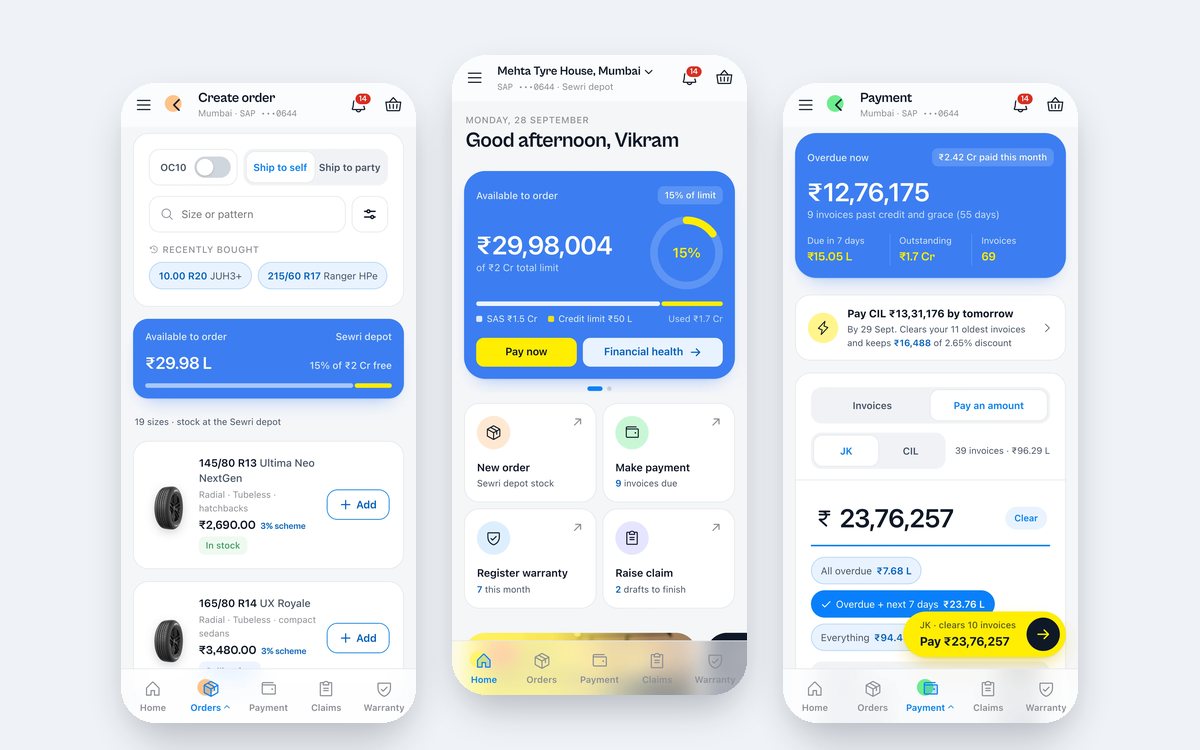 JK Connect app: order, home and payment screens